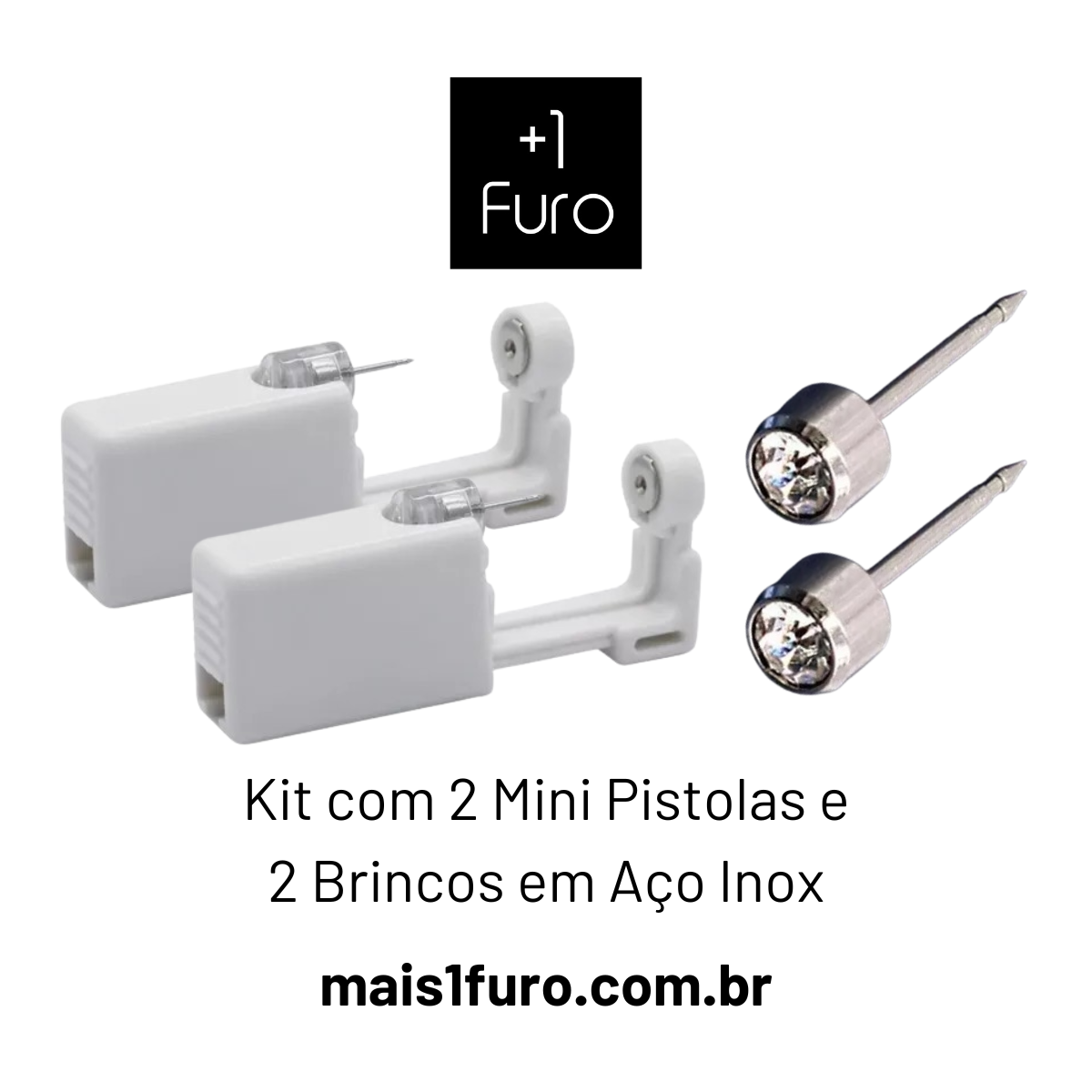 Kit com 2 mini pistolas descartáveis e 2 brincos em aço inoxidável com pedra cristal