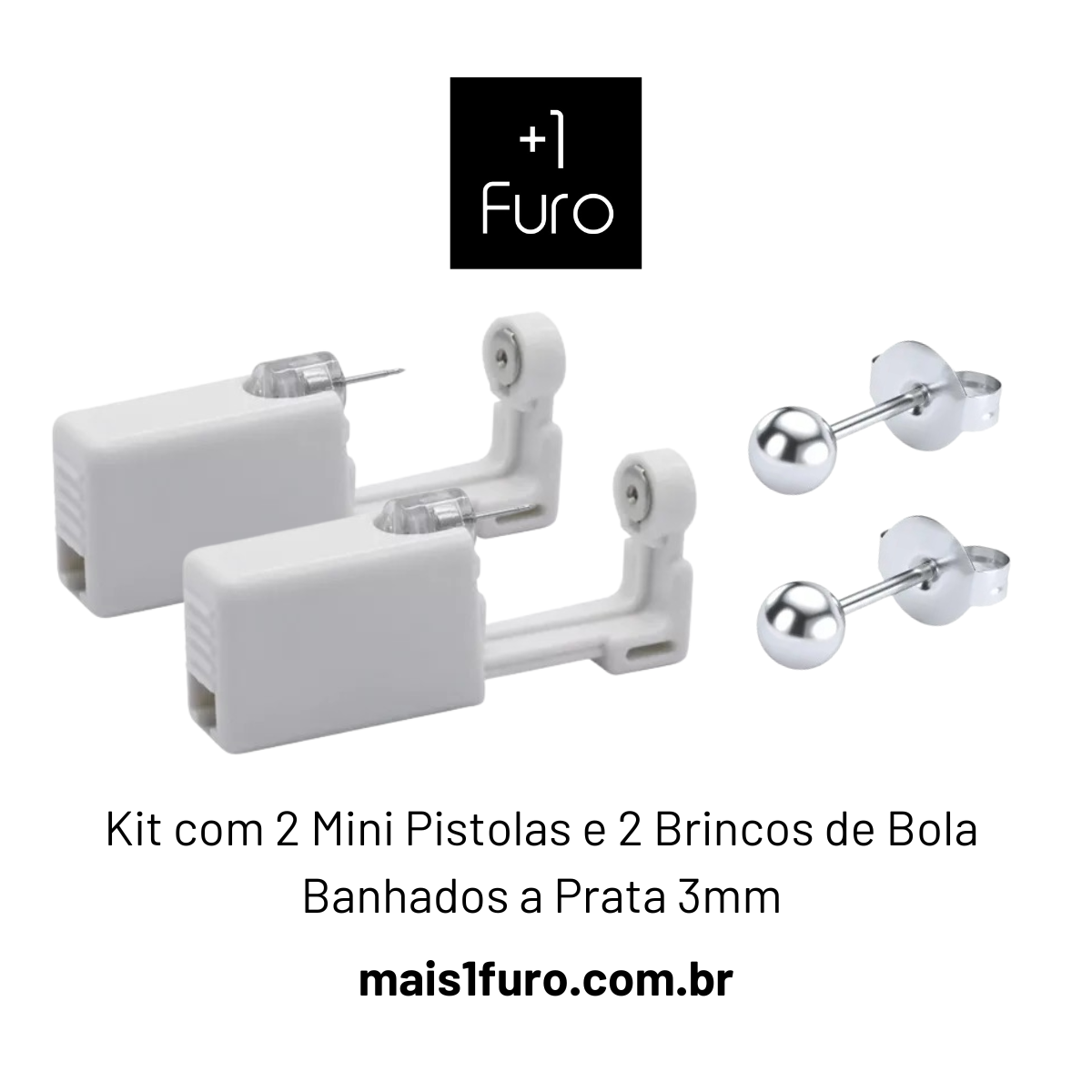 Kit com 2 brincos de bola banhados a prata hipoalergênicos e 2 pistolas plásticas descartáveis para aplicação