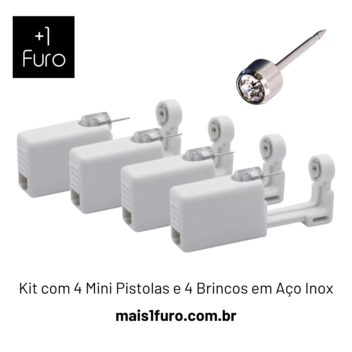 Kit com 4 mini pistolas descartáveis e 4 brincos em aço inoxidável